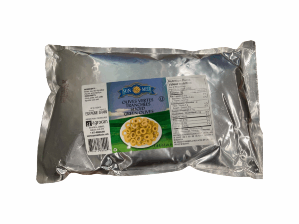 Green Sliced Olives in aluminium bags